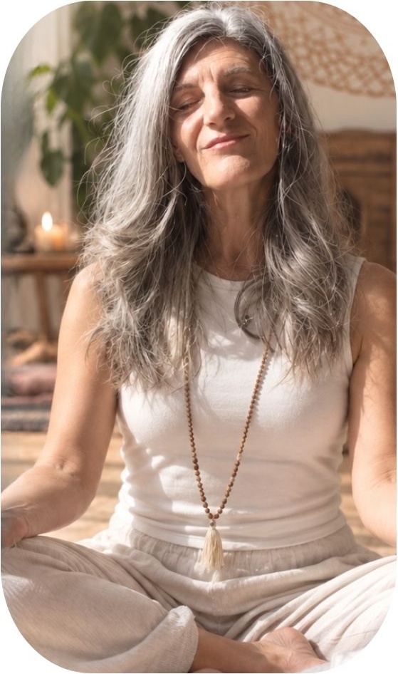 Ángela Mazeres meditando con los ojos cerrados, sentada en un espacio cálido y luminoso