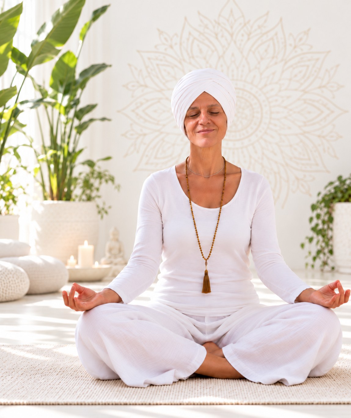 Mujer meditando con ropa blanca y turbante, sentada con las piernas cruzadas frente a un mandala